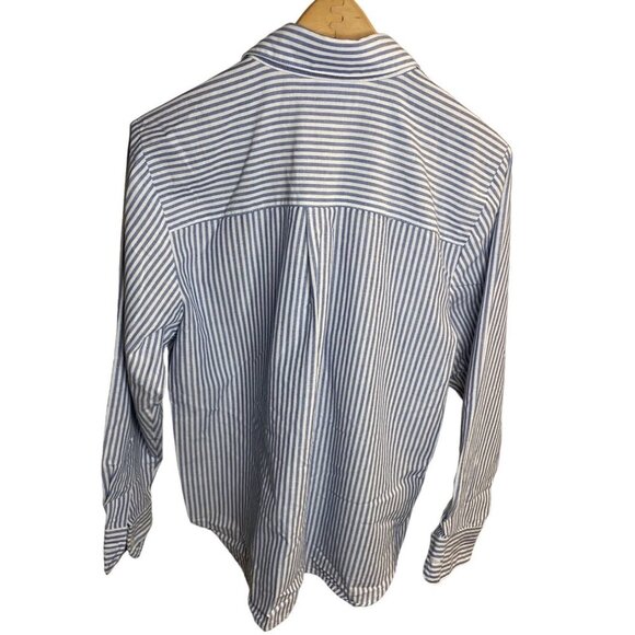 Vintage 90s BonWorth Blue White Vertical Stripe Flower Embroidered Top Sz MP - Picture 2 of 10